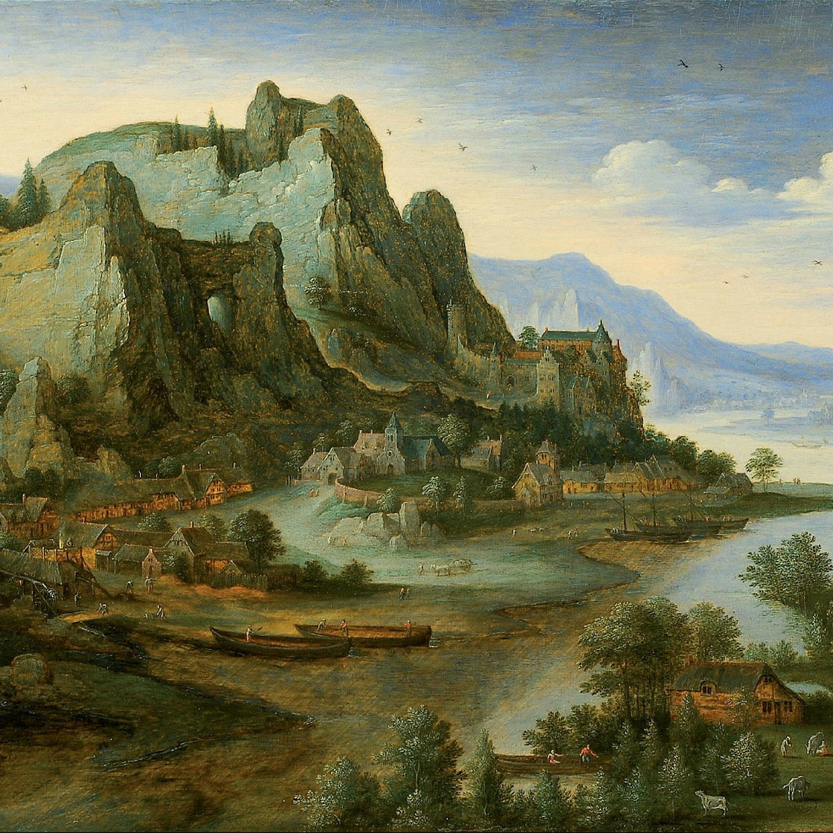 Hand-painted mountain castle and riverside village landscape oil painting on canvas