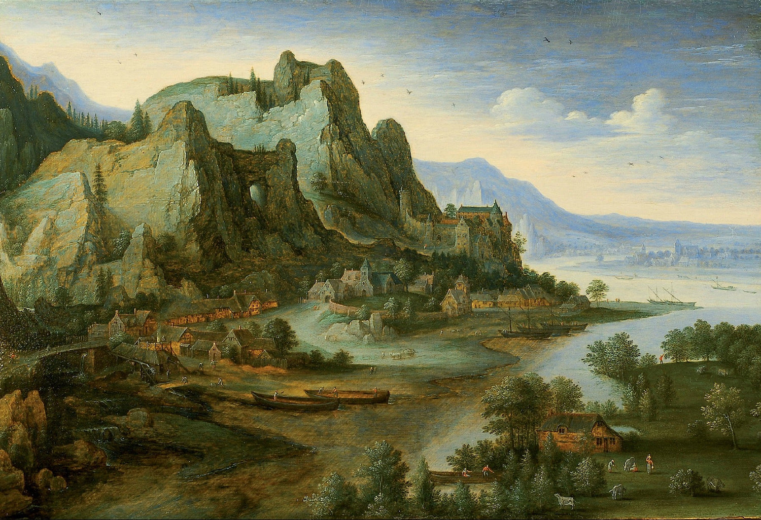 Hand-painted mountain castle and riverside village landscape oil painting on canvas