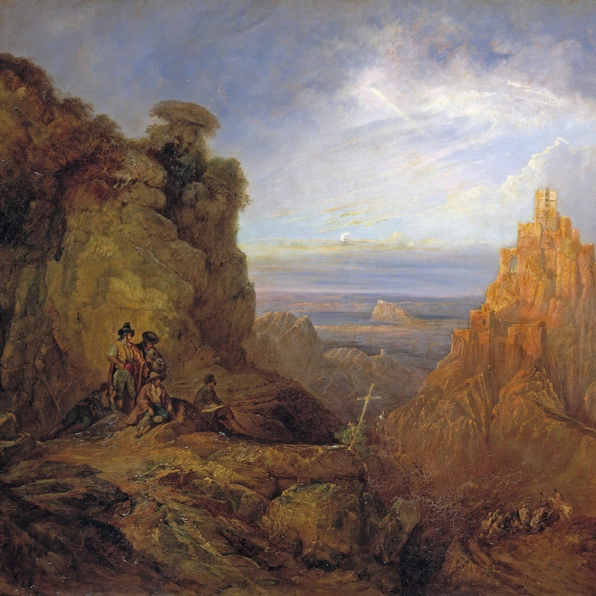 Landscape Oil Painting - Mountain Castle View with Figures - Oil Painting Haven