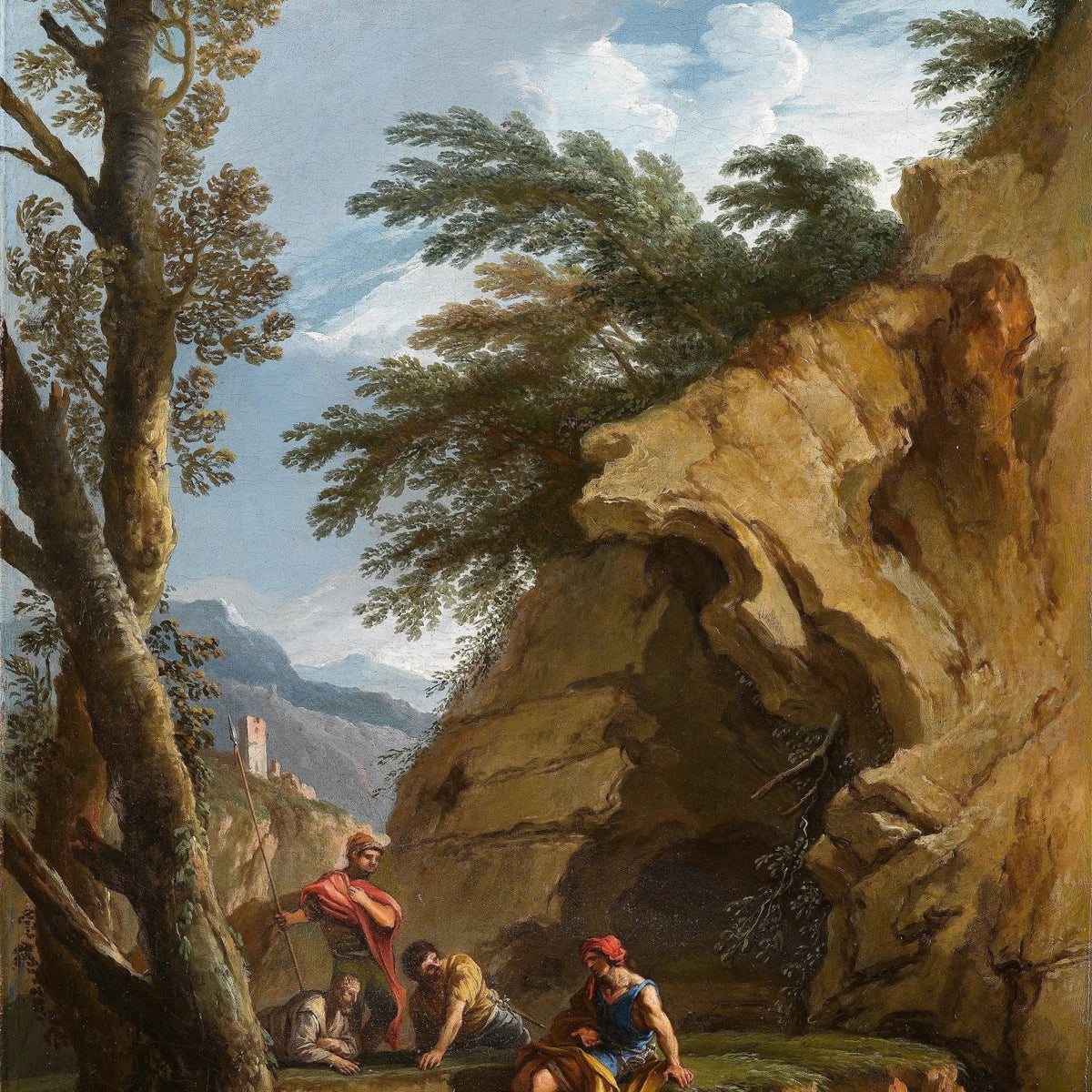Landscape Oil Painting - Mountain Cave with Figures & Trees - Oil Painting Haven