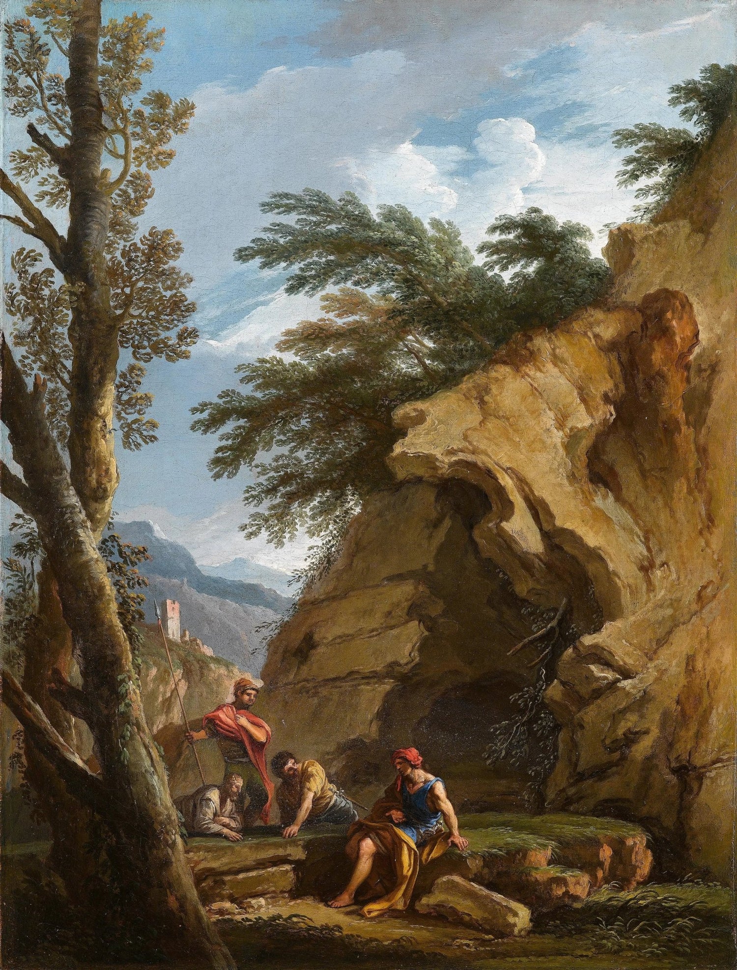 Landscape Oil Painting - Mountain Cave with Figures & Trees - Oil Painting Haven
