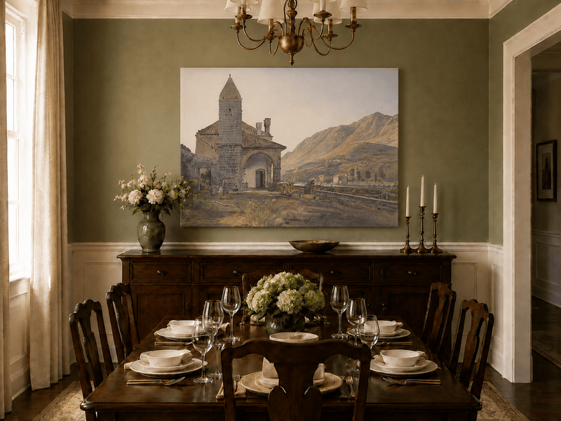 Landscape Oil Painting - Mountain Chapel and Valley View