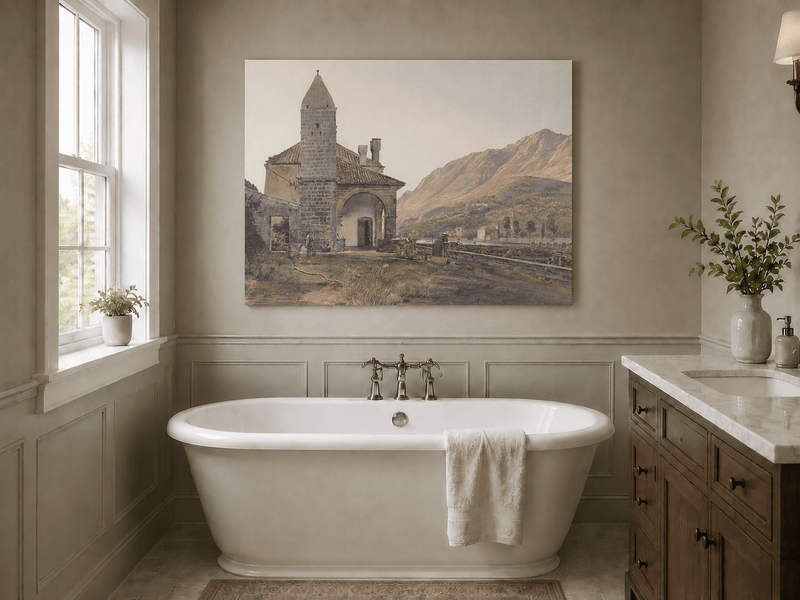 Landscape Oil Painting - Mountain Chapel and Valley View