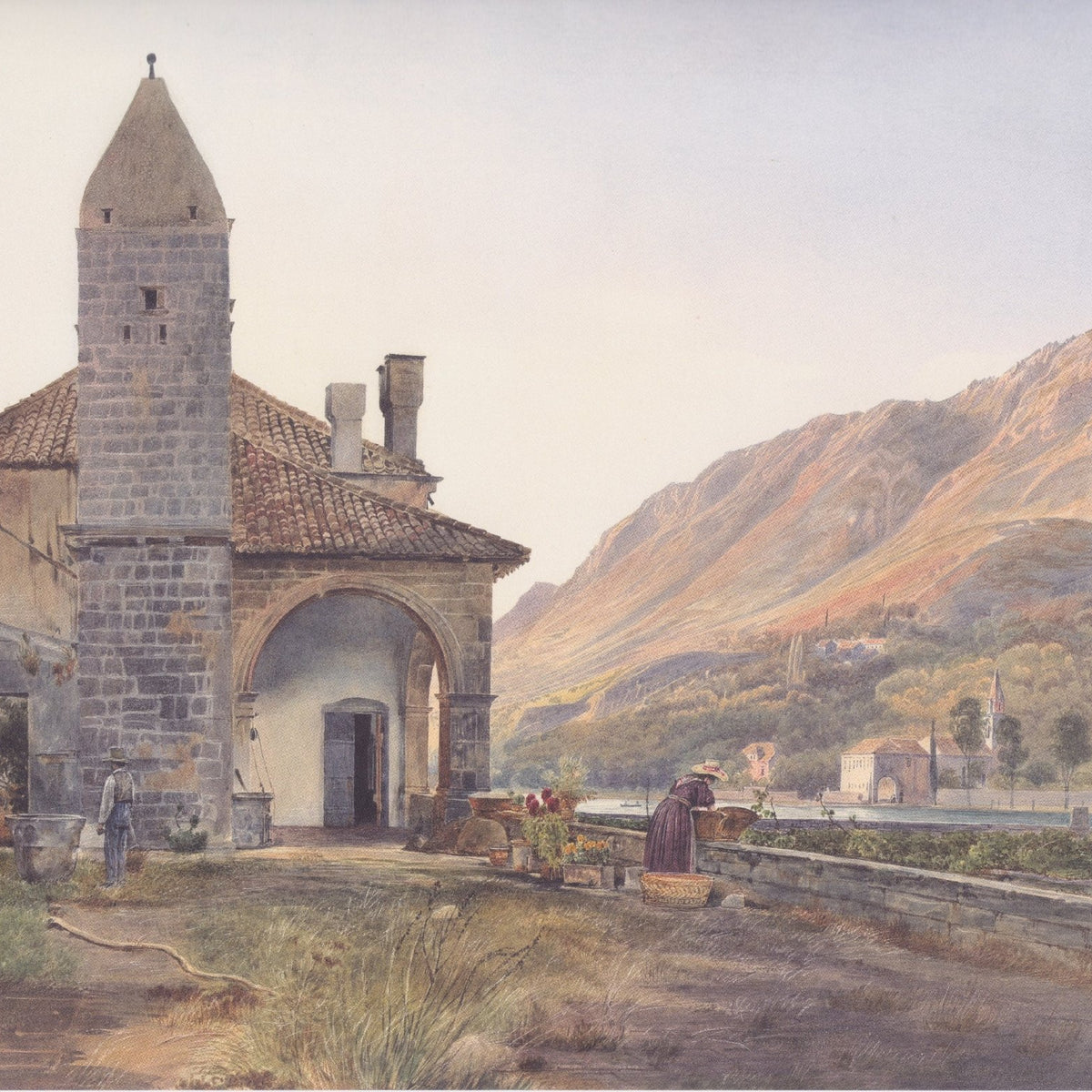 Hand-painted mountain chapel and valley view landscape oil painting on canvas