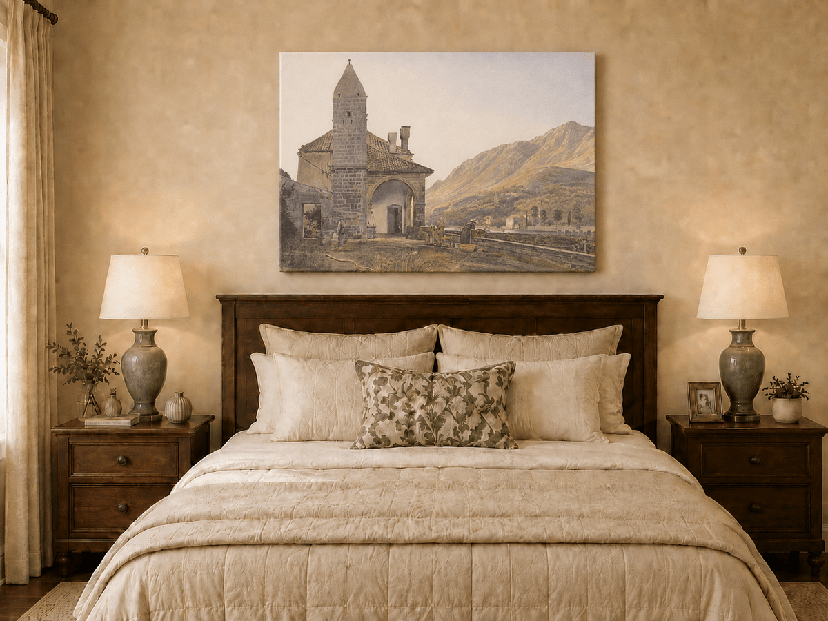 Landscape Oil Painting - Mountain Chapel and Valley View
