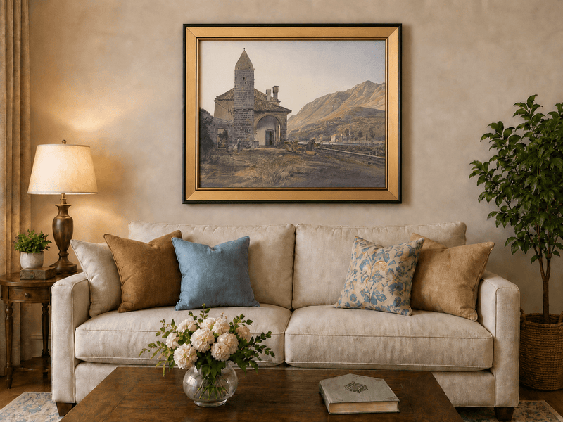 Landscape Oil Painting - Mountain Chapel and Valley View