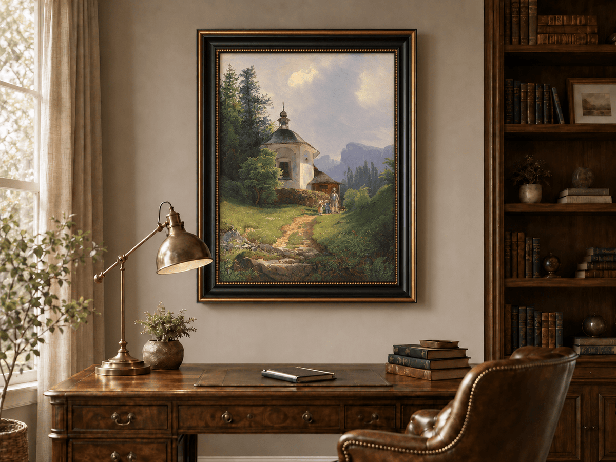 Landscape Oil Painting - Mountain Chapel, Path, Family Group &
