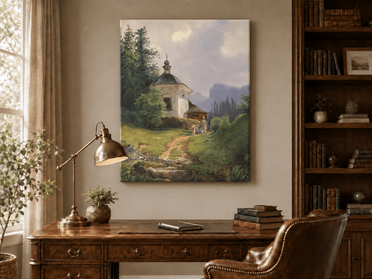 Landscape Oil Painting - Mountain Chapel, Path, Family Group &