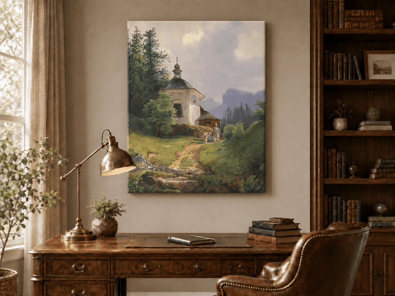 Landscape Oil Painting - Mountain Chapel, Path, Family Group &