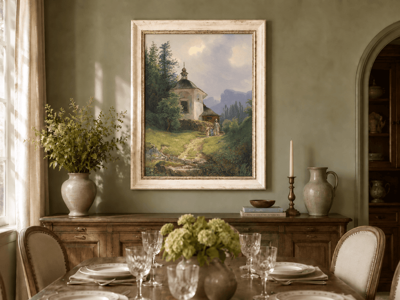 Landscape Oil Painting - Mountain Chapel, Path, Family Group &