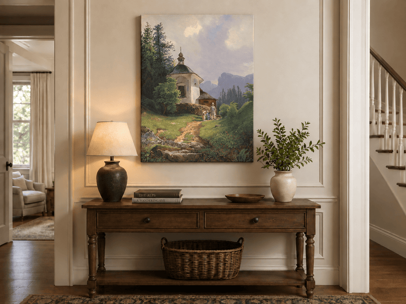 Landscape Oil Painting - Mountain Chapel, Path, Family Group &