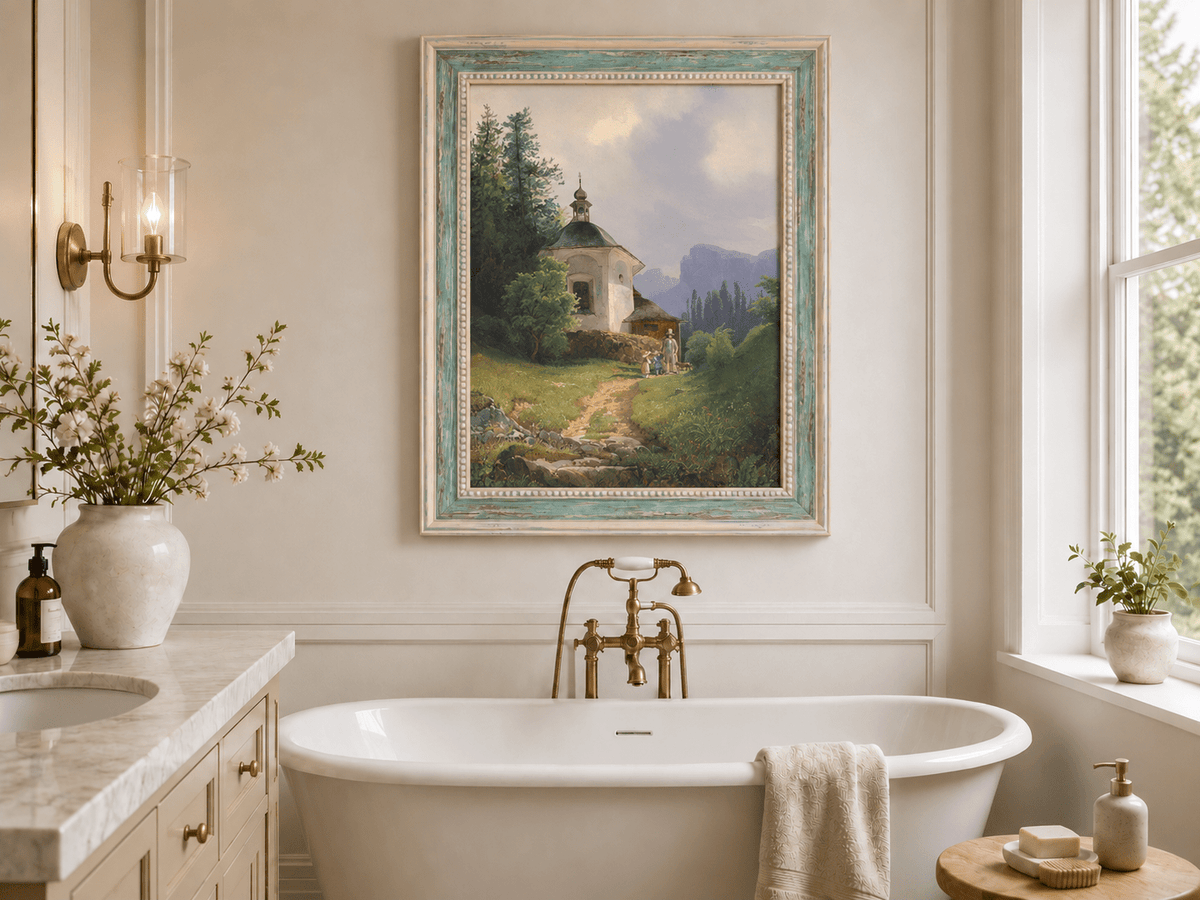 Landscape Oil Painting - Mountain Chapel, Path, Family Group &