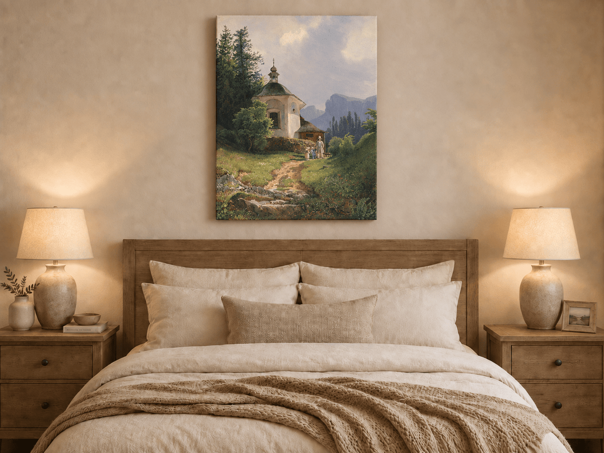 Landscape Oil Painting - Mountain Chapel, Path, Family Group &