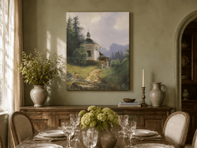 Landscape Oil Painting - Mountain Chapel, Path, Family Group &
