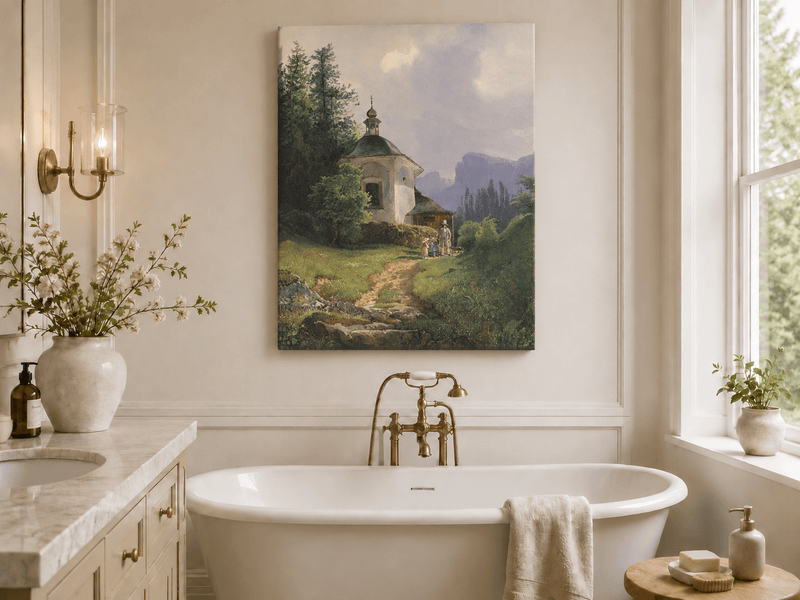 Landscape Oil Painting - Mountain Chapel, Path, Family Group &