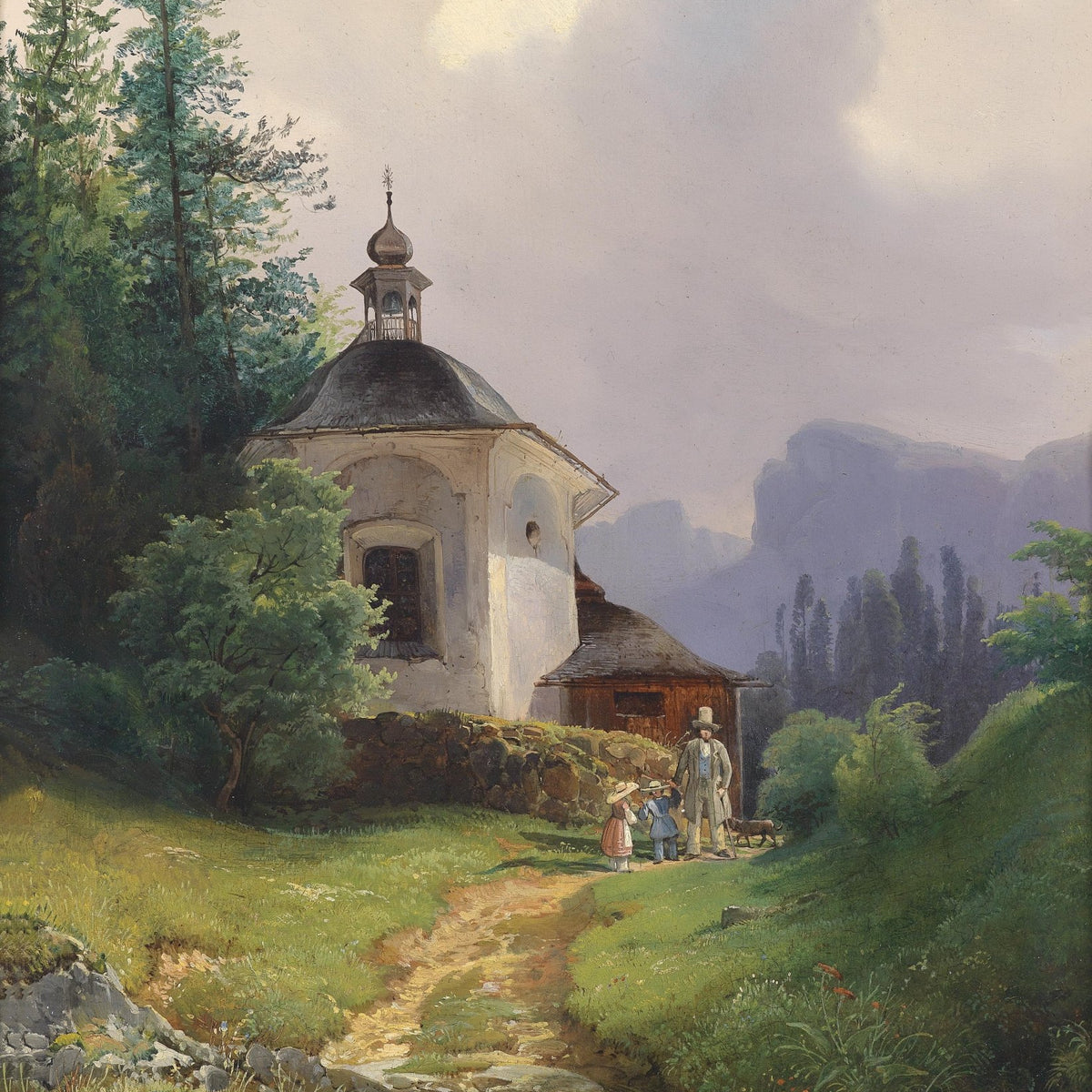 Landscape Oil Painting - Mountain Chapel, Path, Family Group & Wooded - Oil Painting Haven