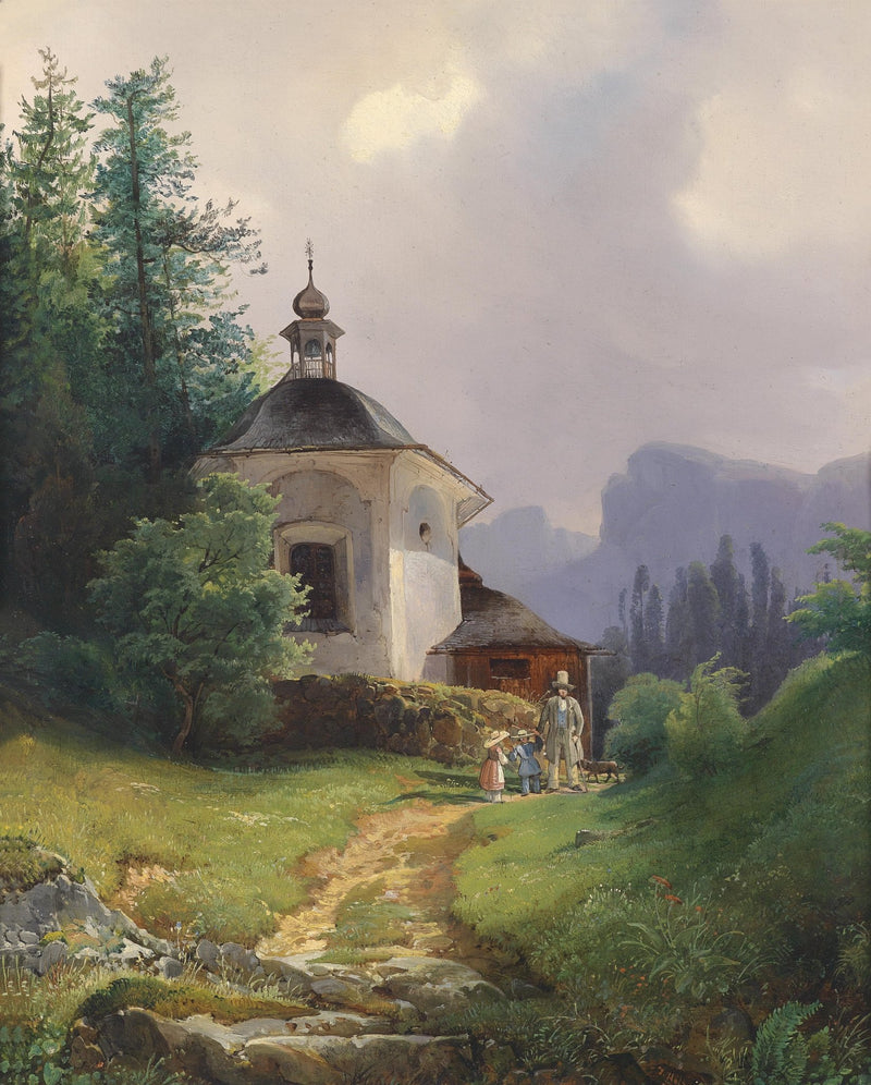 Landscape Oil Painting - Mountain Chapel, Path, Family Group & Wooded - Oil Painting Haven