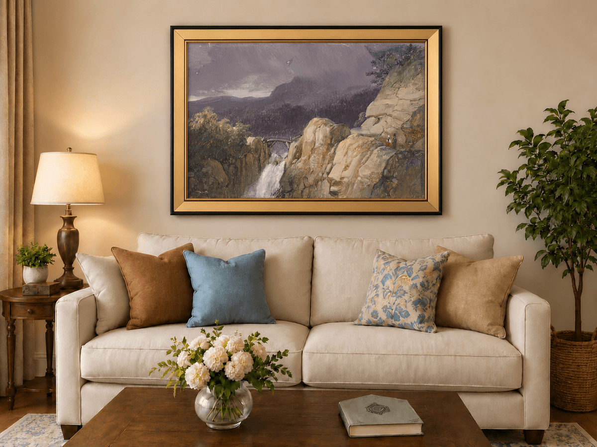 Landscape Oil Painting - Mountain Cliff Waterfall