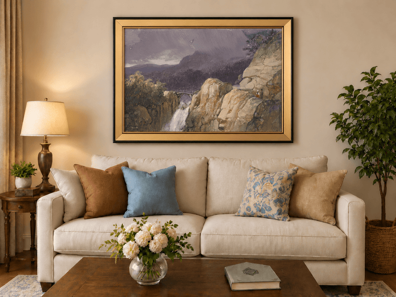 Landscape Oil Painting - Mountain Cliff Waterfall