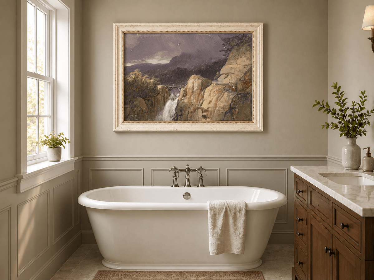 Landscape Oil Painting - Mountain Cliff Waterfall