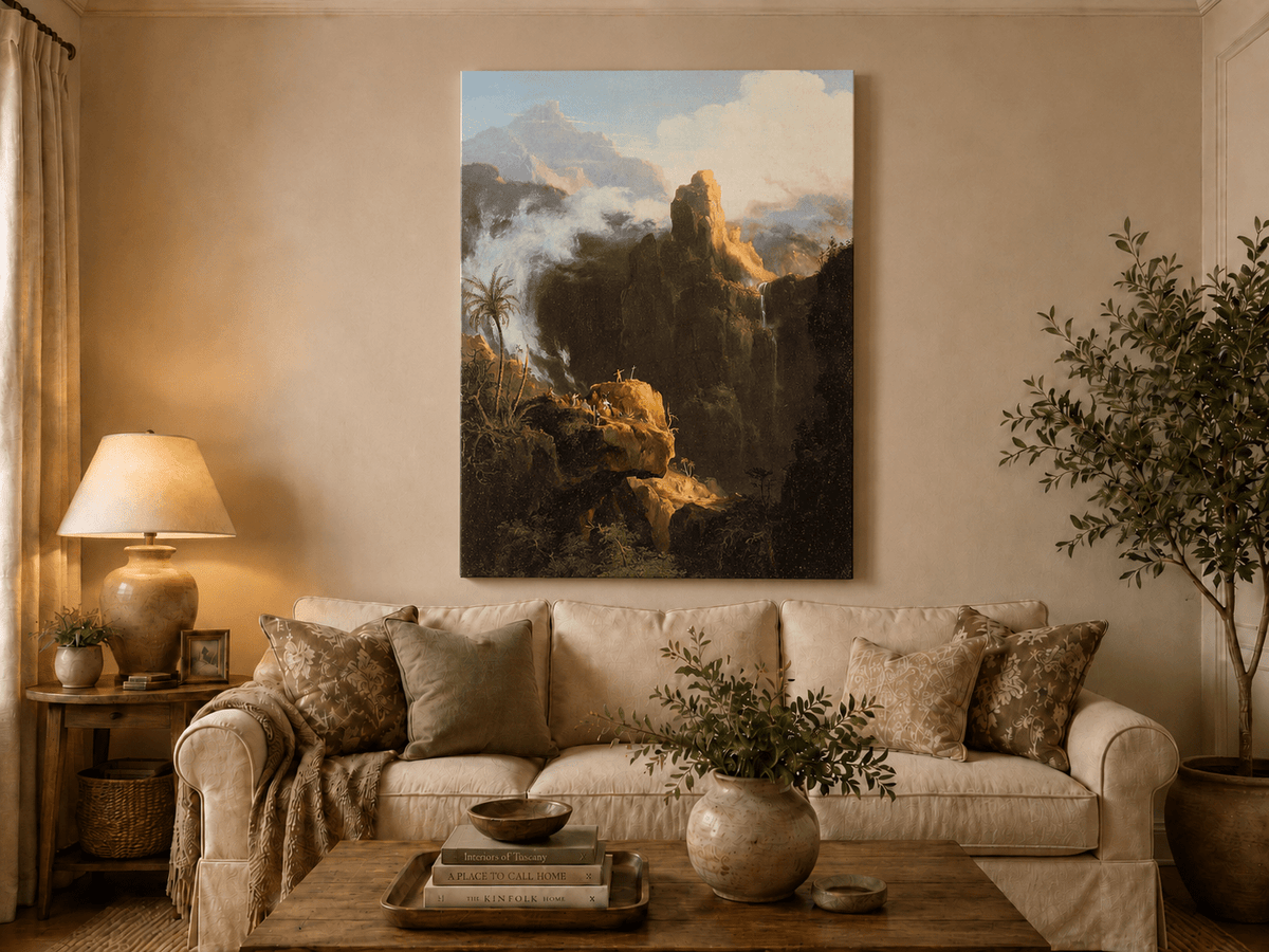 Landscape Oil Painting - Mountain Cliffs with Waterfall Light