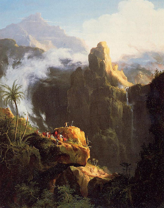 Landscape Oil Painting - Mountain Cliffs with Waterfall Light - Oil Painting Haven