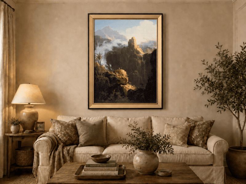Landscape Oil Painting - Mountain Cliffs with Waterfall Light