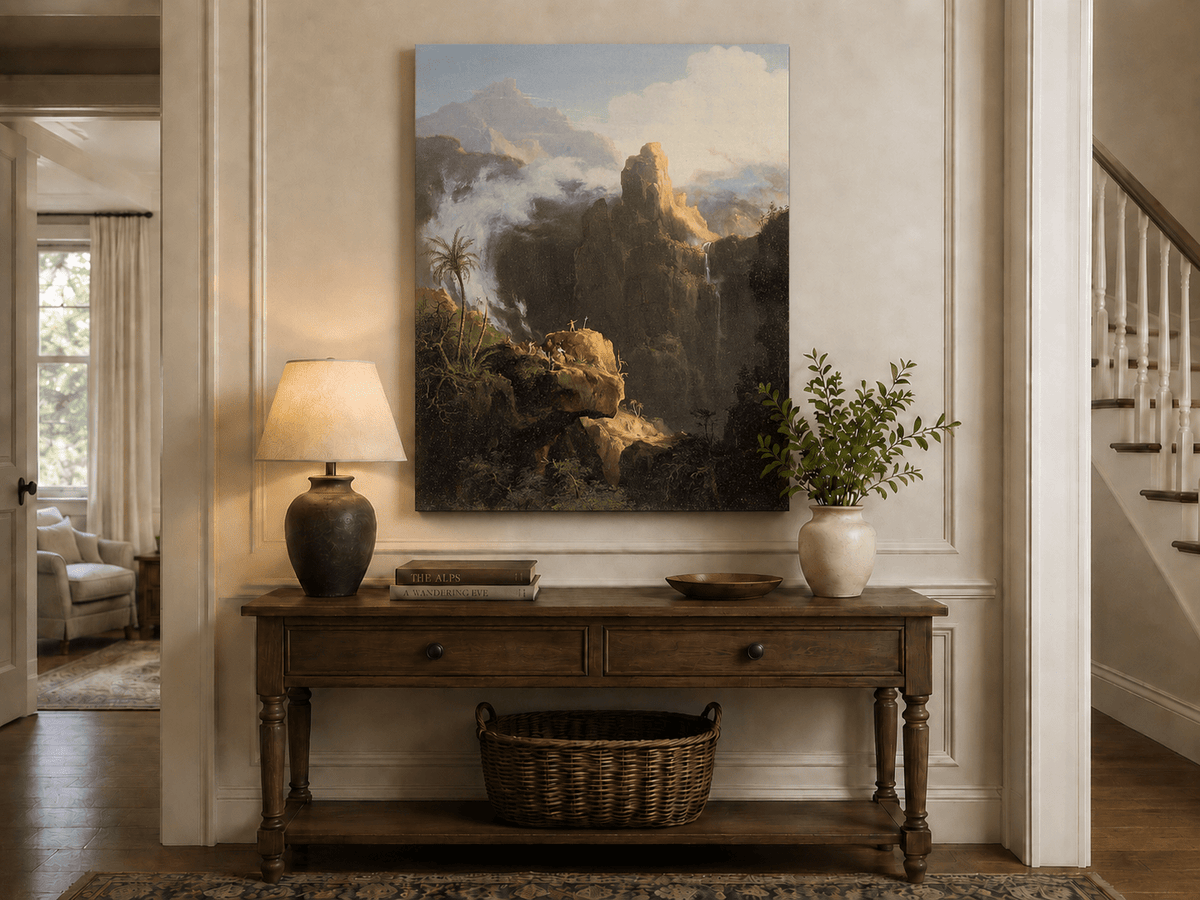 Landscape Oil Painting - Mountain Cliffs with Waterfall Light