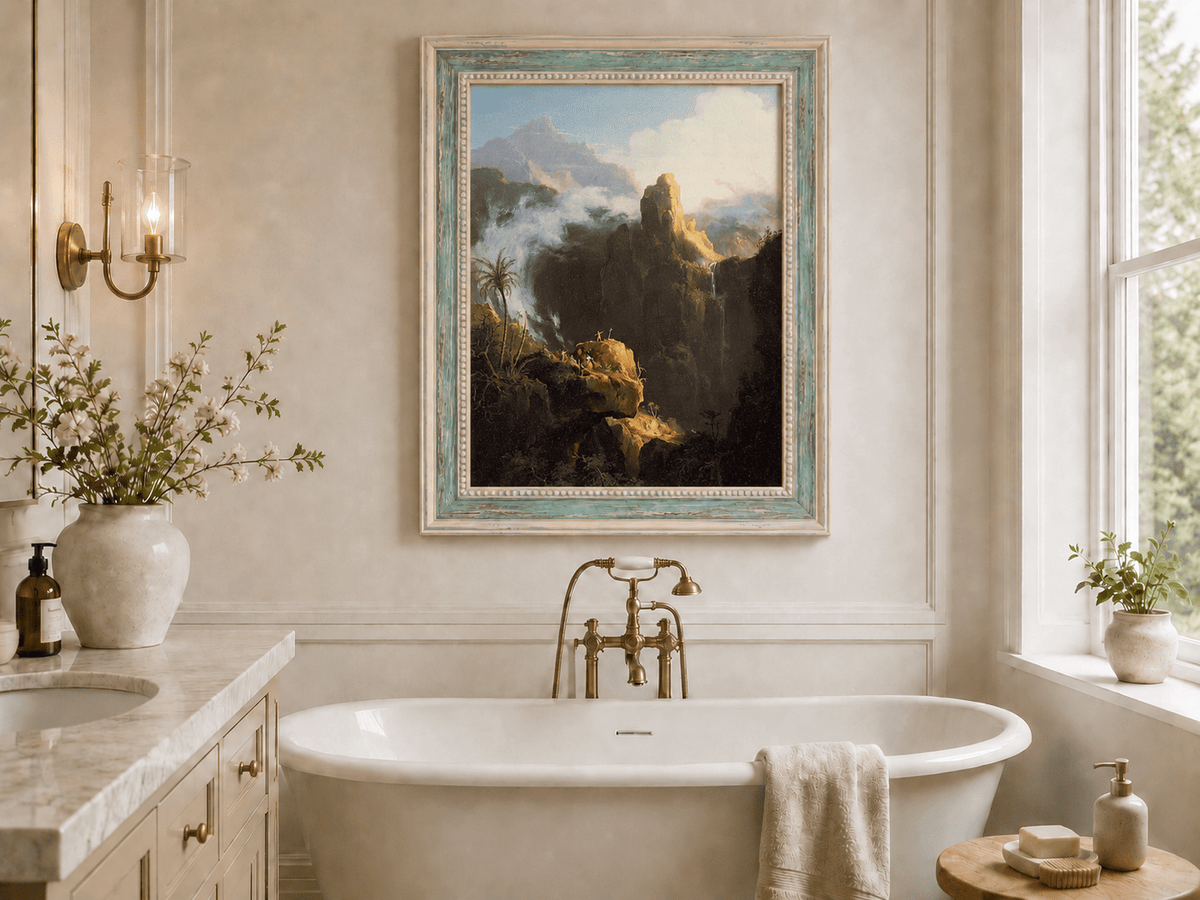 Landscape Oil Painting - Mountain Cliffs with Waterfall Light