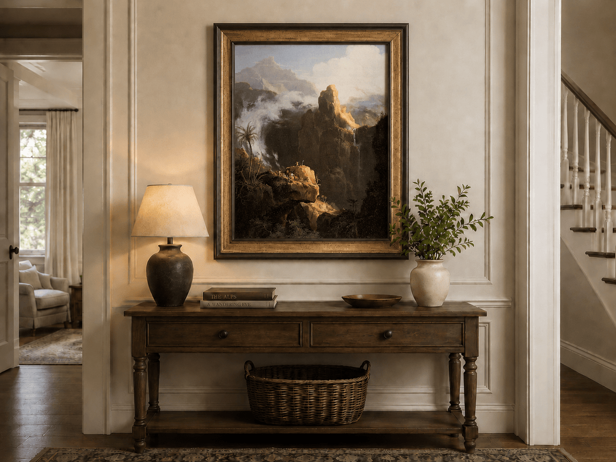 Landscape Oil Painting - Mountain Cliffs with Waterfall Light