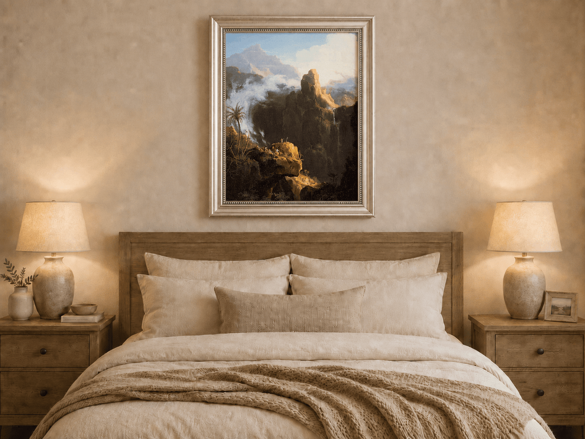 Landscape Oil Painting - Mountain Cliffs with Waterfall Light