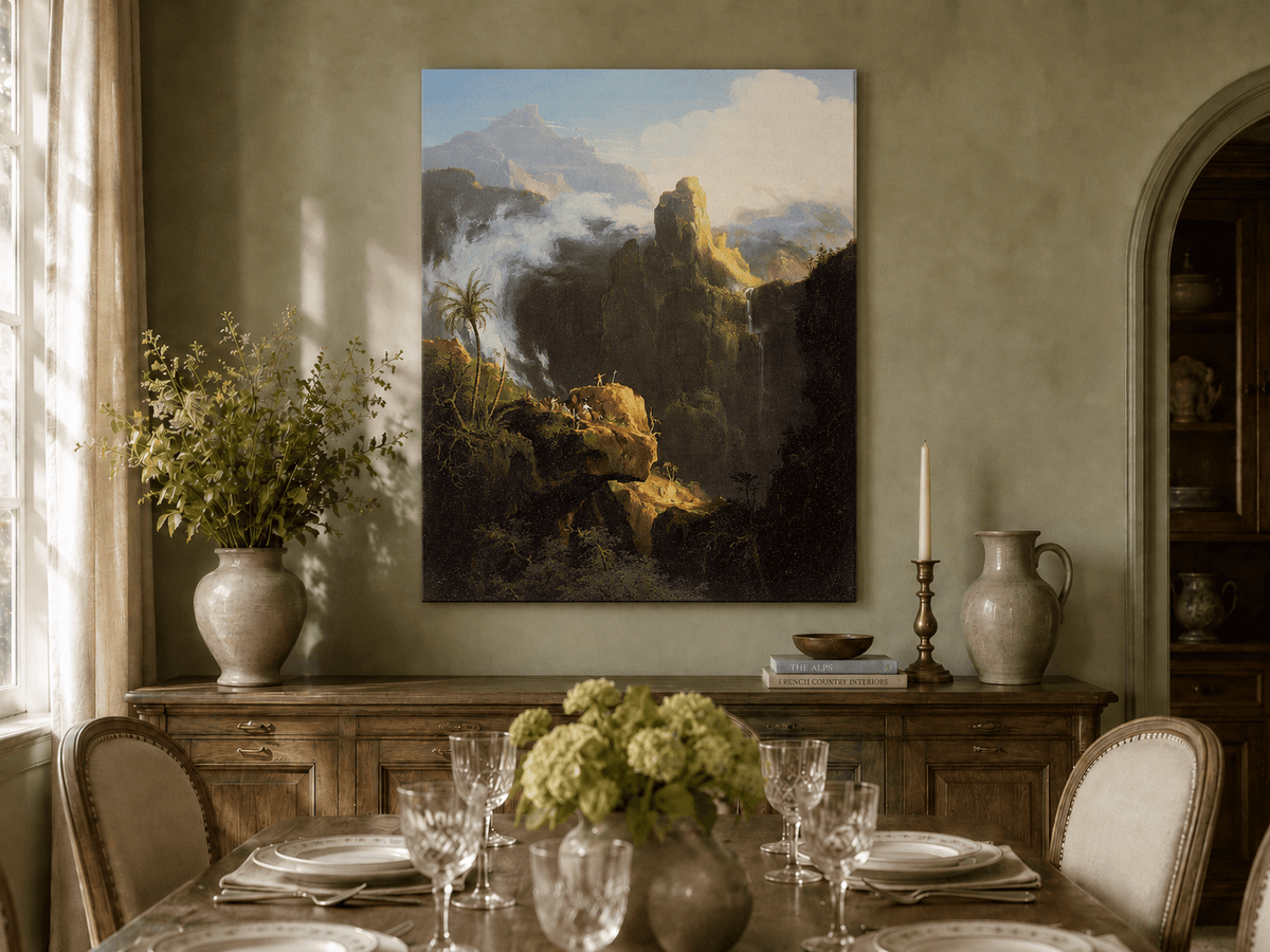 Landscape Oil Painting - Mountain Cliffs with Waterfall Light