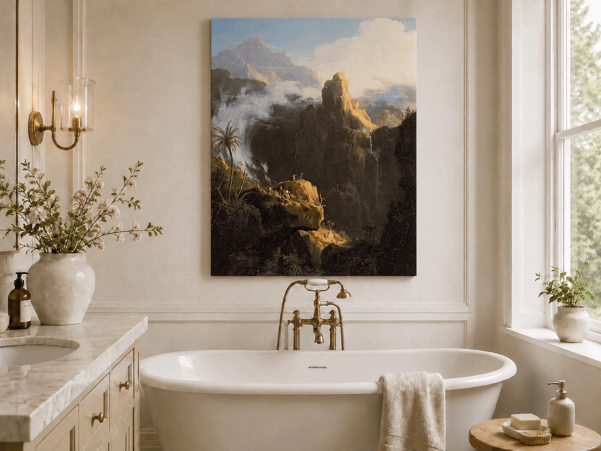 Landscape Oil Painting - Mountain Cliffs with Waterfall Light
