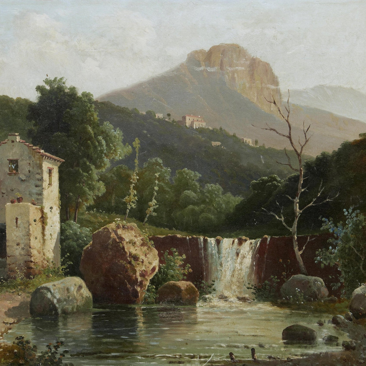 Hand-painted mountain cottage and waterfall pool landscape oil painting on canvas