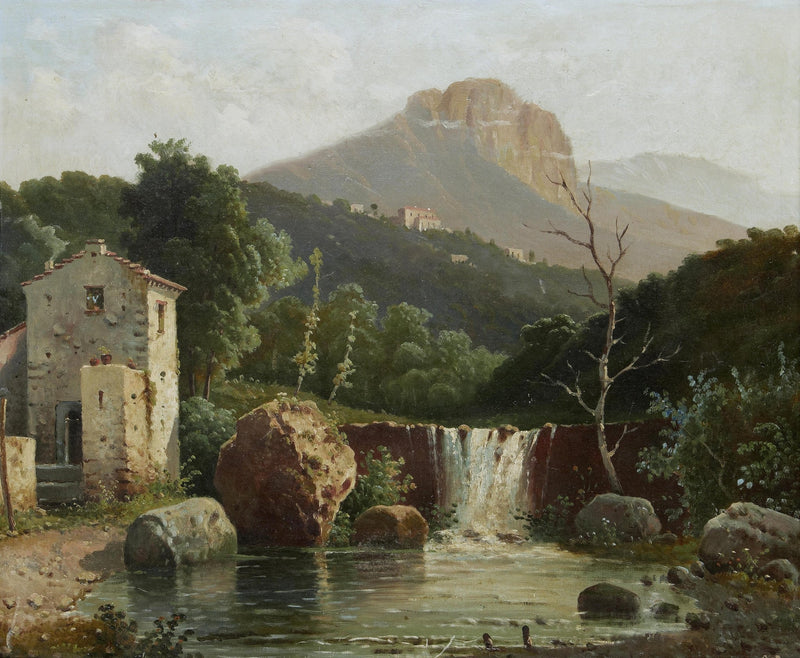 Hand-painted mountain cottage and waterfall pool landscape oil painting on canvas