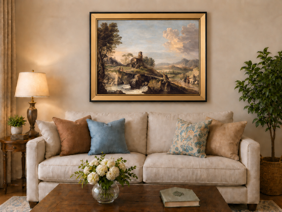 Hand-painted Mountain Cottage in Rocky Valley landscape oil painting displayed as wall art in a styled interior