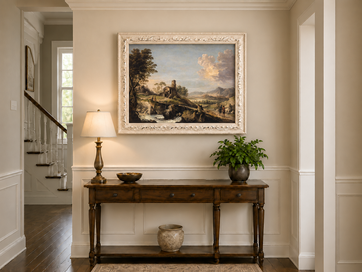 Hand-painted Mountain Cottage in Rocky Valley landscape oil painting displayed as wall art in a styled interior