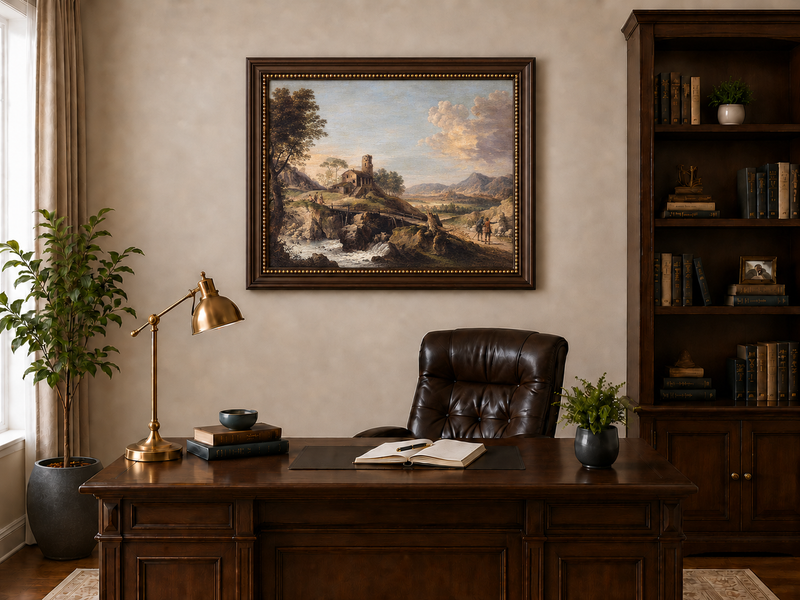 Hand-painted Mountain Cottage in Rocky Valley landscape oil painting displayed as wall art in a styled interior