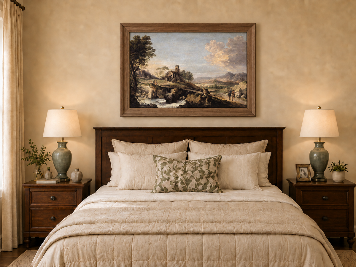 Hand-painted Mountain Cottage in Rocky Valley landscape oil painting displayed as wall art in a styled interior