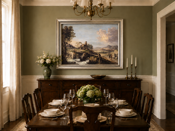Hand-painted Mountain Cottage in Rocky Valley landscape oil painting displayed as wall art in a styled interior