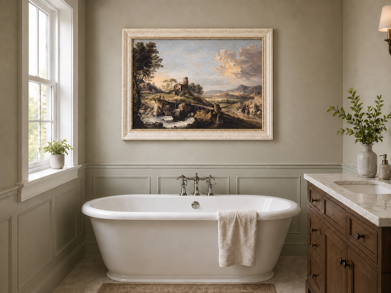 Hand-painted Mountain Cottage in Rocky Valley landscape oil painting displayed as wall art in a styled interior