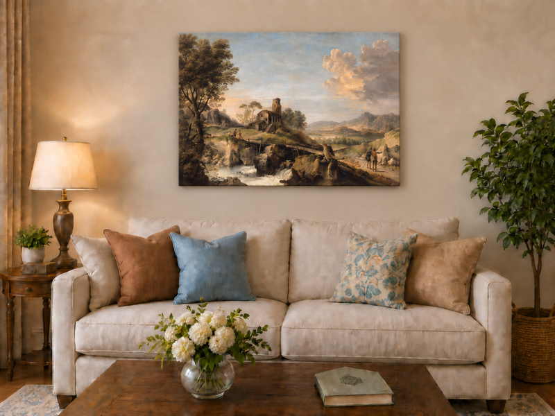 Hand-painted Mountain Cottage in Rocky Valley landscape oil painting displayed as wall art in a styled interior
