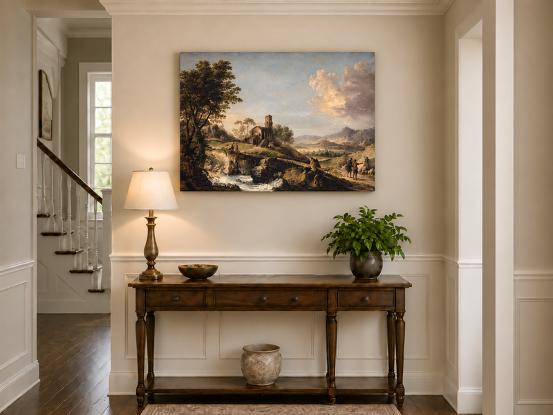 Hand-painted Mountain Cottage in Rocky Valley landscape oil painting displayed as wall art in a styled interior