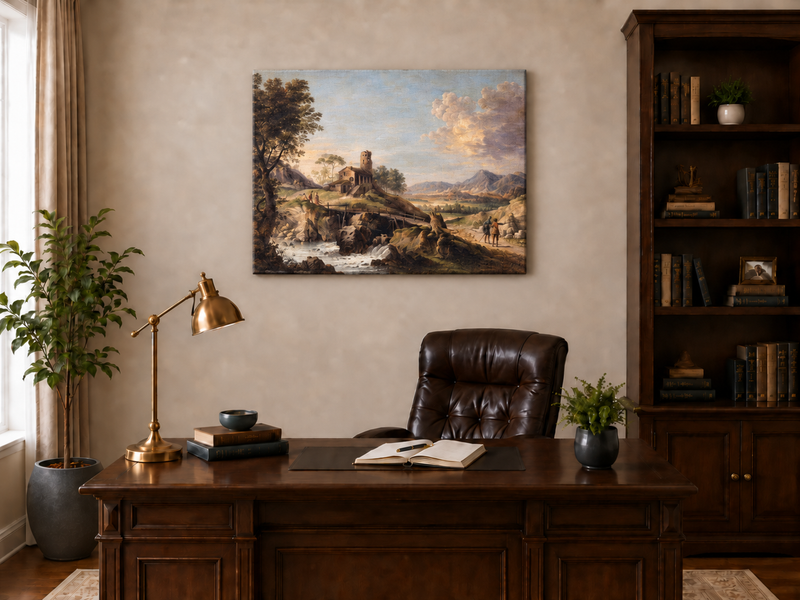 Hand-painted Mountain Cottage in Rocky Valley landscape oil painting displayed as wall art in a styled interior