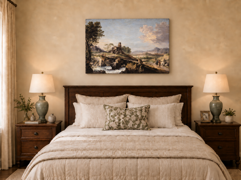 Hand-painted Mountain Cottage in Rocky Valley landscape oil painting displayed as wall art in a styled interior
