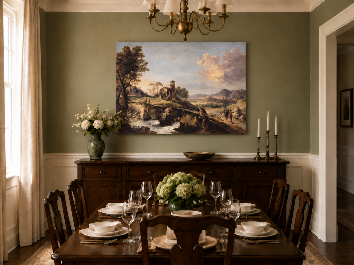 Hand-painted Mountain Cottage in Rocky Valley landscape oil painting displayed as wall art in a styled interior