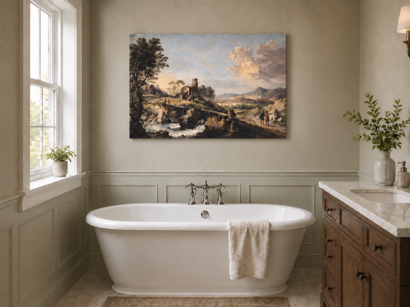 Hand-painted Mountain Cottage in Rocky Valley landscape oil painting displayed as wall art in a styled interior