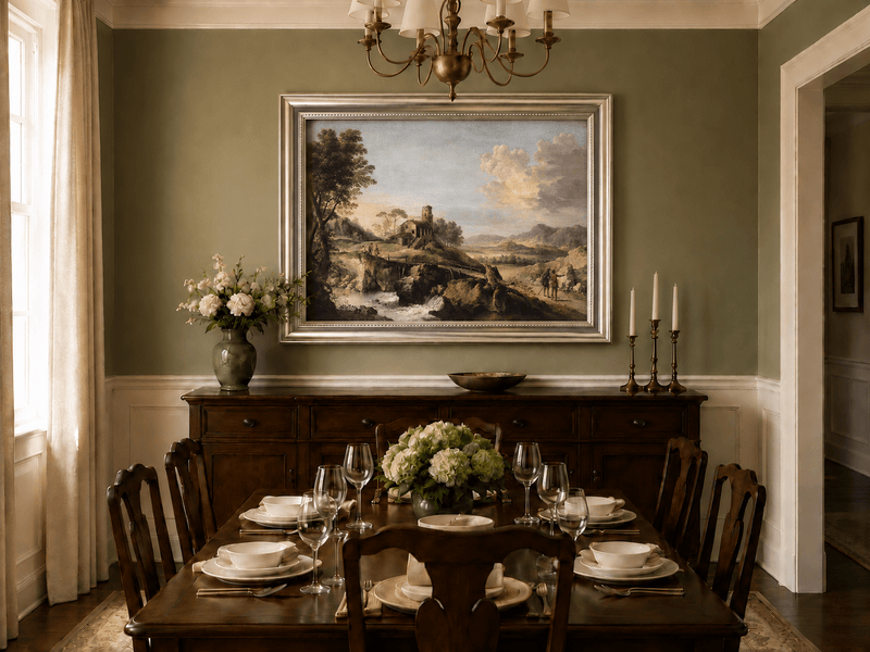 Hand-painted Mountain Cottage in Rocky Valley landscape oil painting displayed as wall art in a styled interior