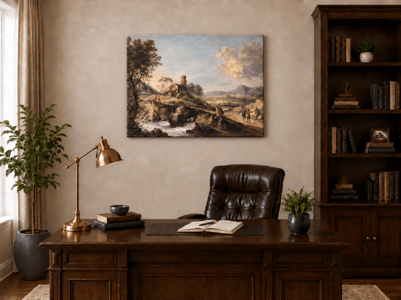 Hand-painted Mountain Cottage in Rocky Valley landscape oil painting displayed as wall art in a styled interior