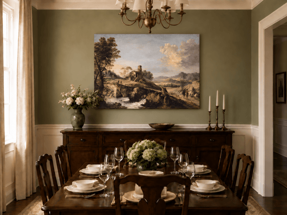 Hand-painted Mountain Cottage in Rocky Valley landscape oil painting displayed as wall art in a styled interior